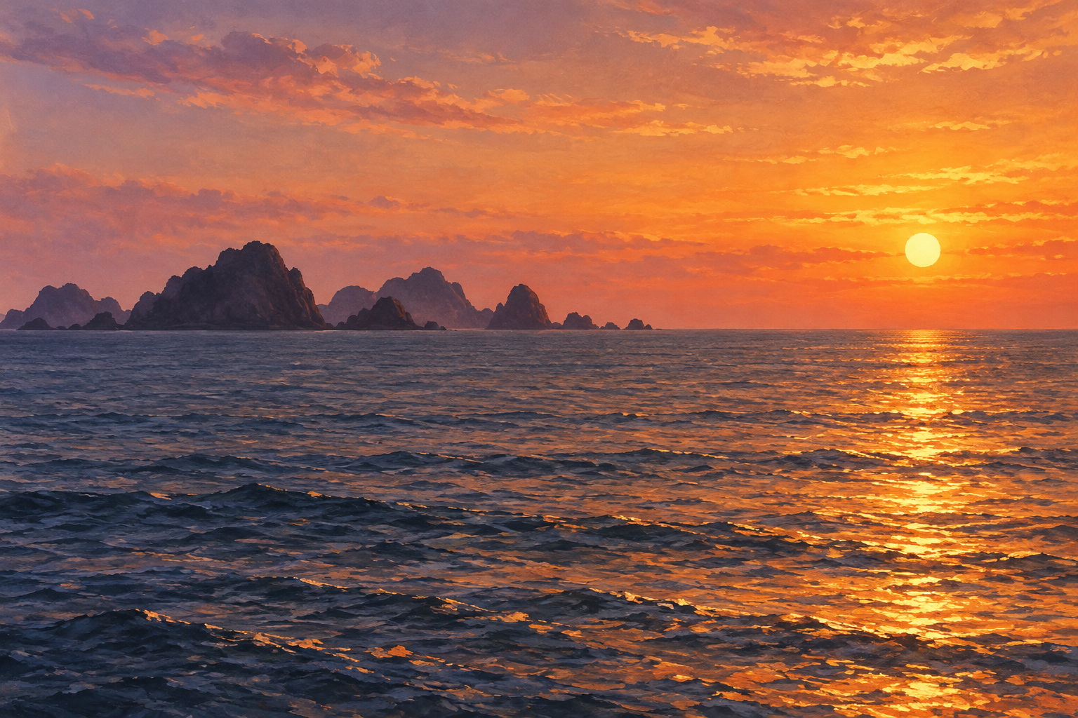 西伊豆町公式の大田子海岸の夕陽写真をモチーフに、橙色の空と低い夕陽、沖の岩の影と海面の金色の光を別構図で描いた創作イラスト。特定の岩や日没時刻、現在の海況を示す写真ではありません