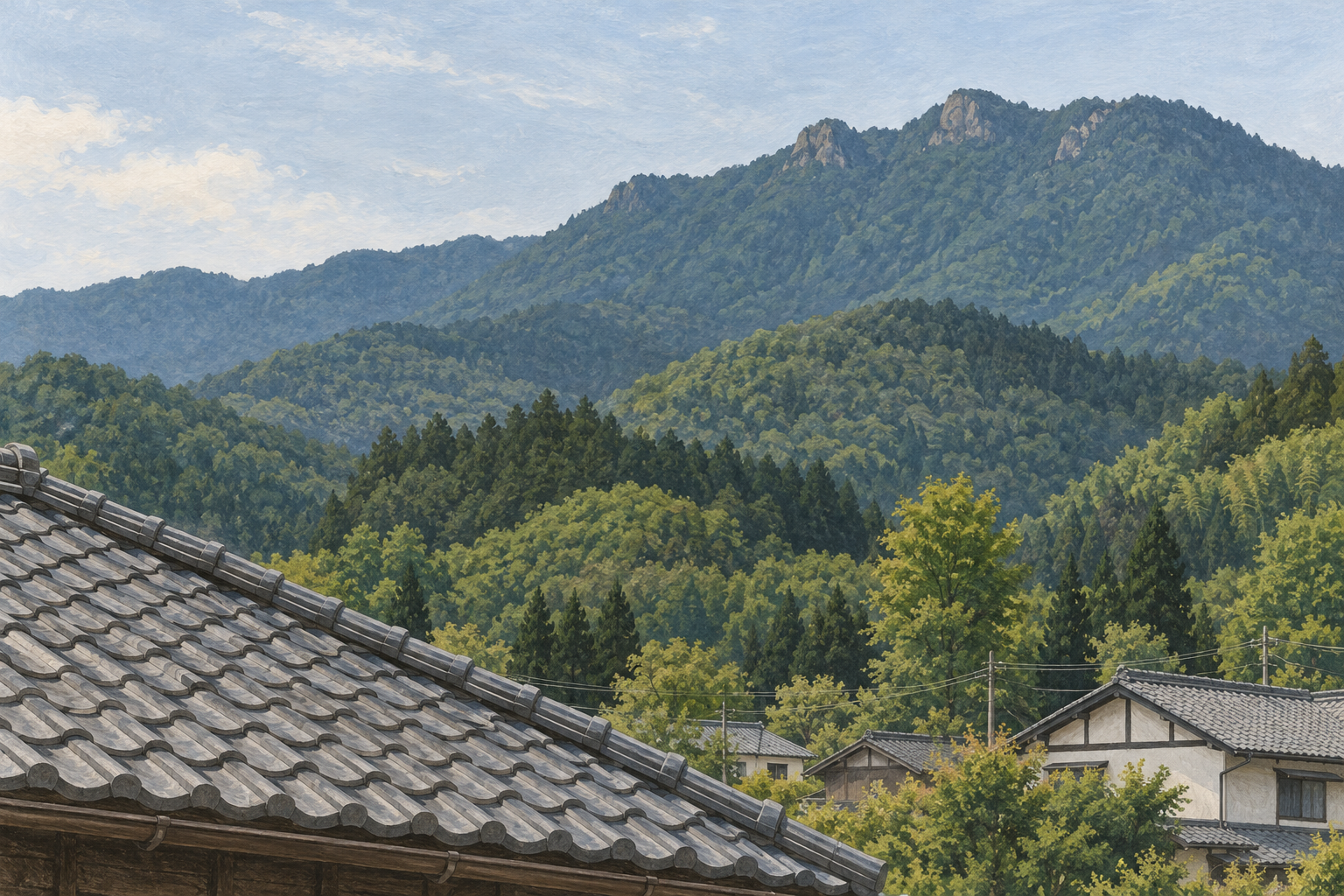西桂町の公式写真にある町から望む三ツ峠の景色をモチーフに、森の山並みと岩のある稜線、手前の瓦屋根や家々を別の構図で描く創作イラスト。山や建物の配置は創作と簡略化を含み、正確な地理や現在の営業・居住・通行状況を示す写真ではありません