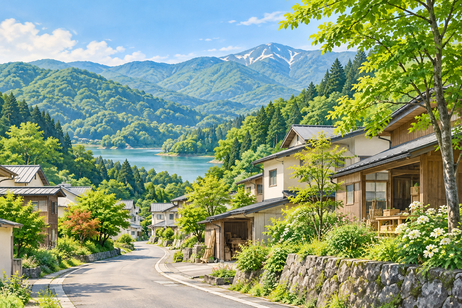 西川町の山あいの町並み、湖と緑の山並みをイメージした創作イラスト。特定地点の実景、実在の企業・施設やBämの拠点を描いたものではありません。