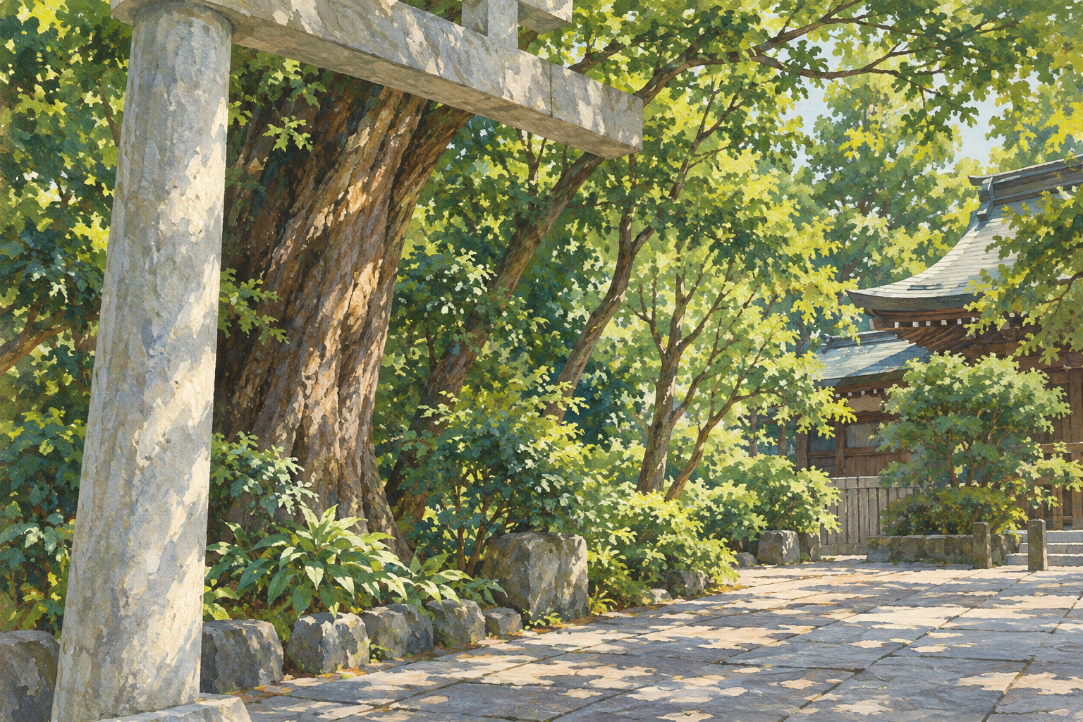 西東京市の田無神社の木立と石の鳥居をモチーフに、左手前の石柱、木漏れ日の石畳、右奥の木造の軒を描いた創作イラスト。現在の境内や建物の形を正確に示す写真ではありません