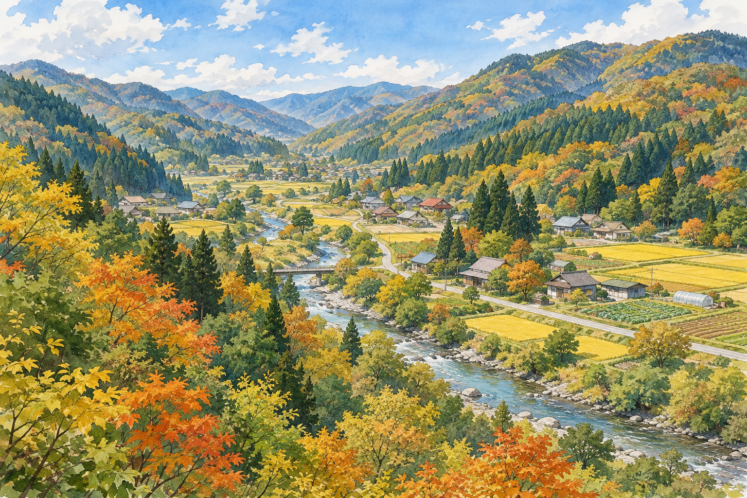 西和賀町の山あいの暮らしをイメージした、森と谷・小川・田畑・小さな街や仕事場がある架空の風景のイラスト