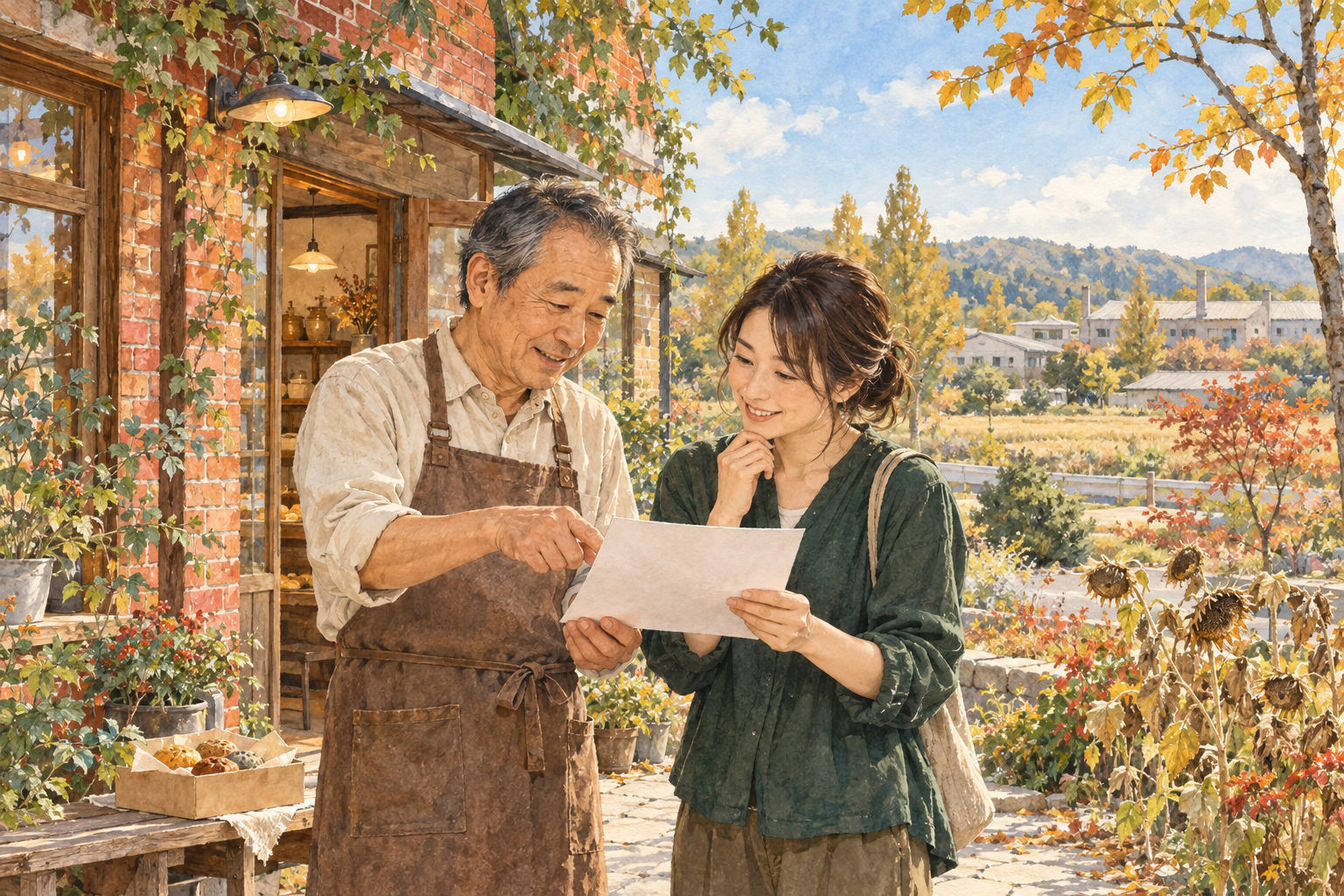 煉瓦と木を使ったお店の前で、店主と制作者が資料を見ながら話すイラスト
