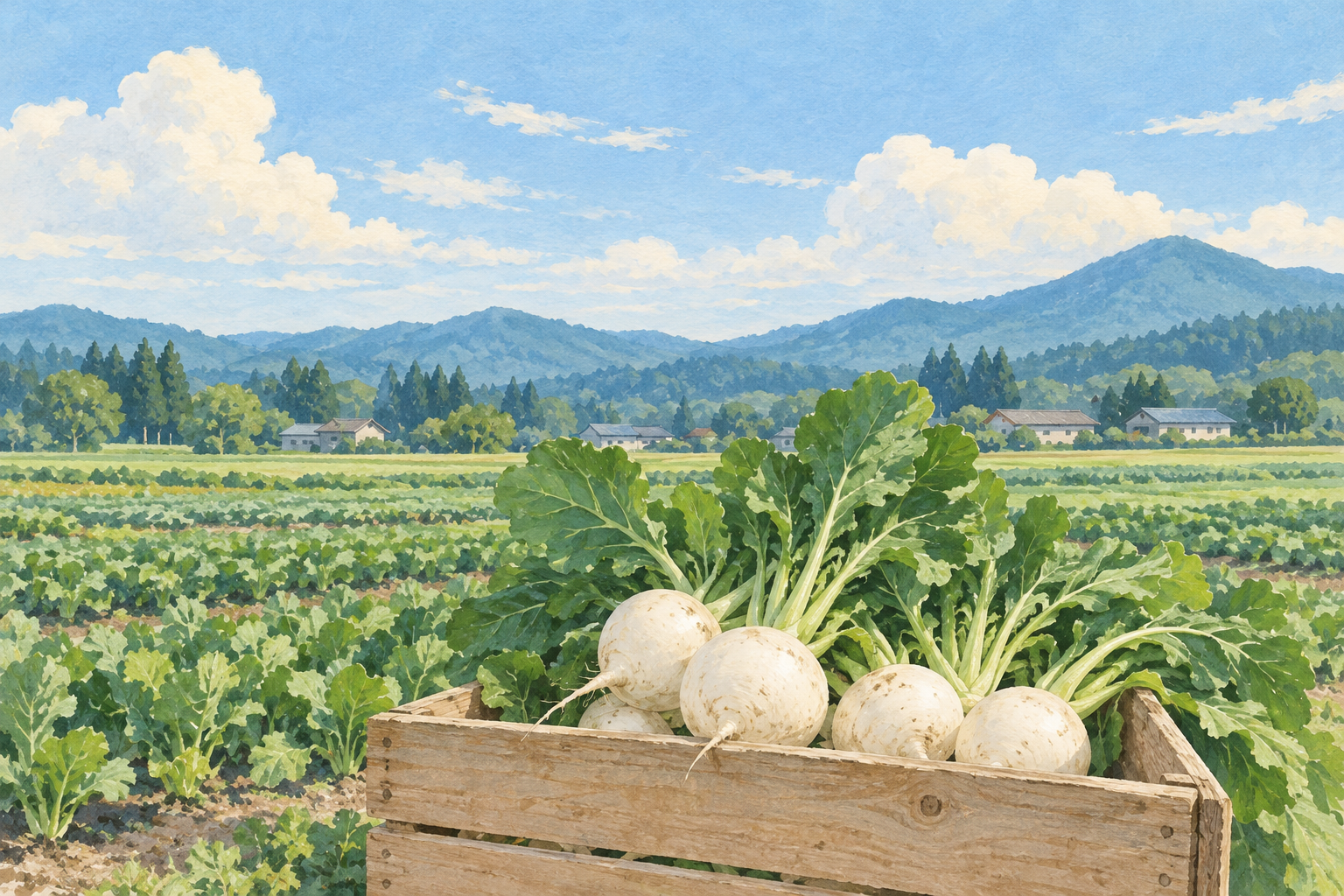 野辺地町をイメージした、白い葉つきこかぶと木箱、畑や里の建物を描いたイラスト