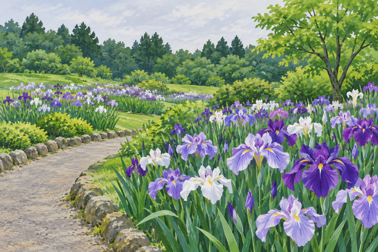 能登町公式の柳田植物公園・花菖蒲の写真をモチーフにした、紫や白の花と緑、園路を描く創作イラスト。花や道の形と配置は創作・簡略化を含み、現在の開花や施設・通行状況を示す写真ではありません
