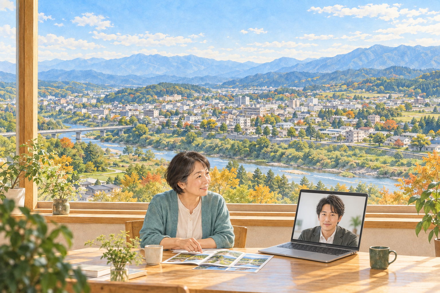 沼田らしい段丘の町並みと川、遠くの山並みを背景に、女性の事業者が資料を見ながらWeb相談する創作イラスト。実在の人物・会社・店舗や特定の場所の実景、Bämの拠点ではありません。