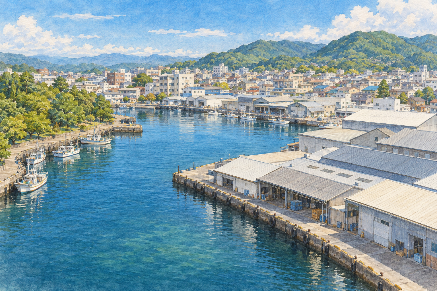 沼津市公式の内港の写真をモチーフに、港の水面と低い岸壁、小さな漁船、市場の屋根、街と緑の丘を別構図で描いた創作イラスト。船や建物・岸壁は創作・簡略化を含み、現在の港や経路、安全を示す写真・地図ではありません