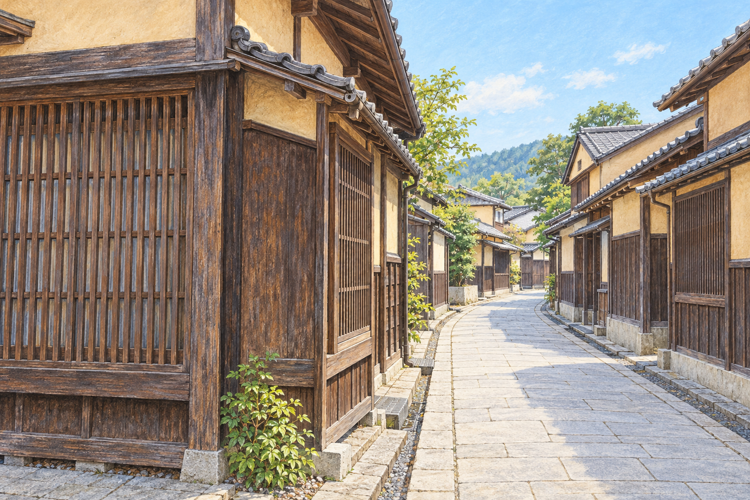 小浜市公式の三丁町写真をモチーフに、木格子や淡い土壁、瓦屋根の家並みと細い通りを描く創作イラスト。植栽や奥の緑、建物や道の形・配置は創作と簡略化を含み、現在の店舗や営業・通行状況を示す写真ではありません