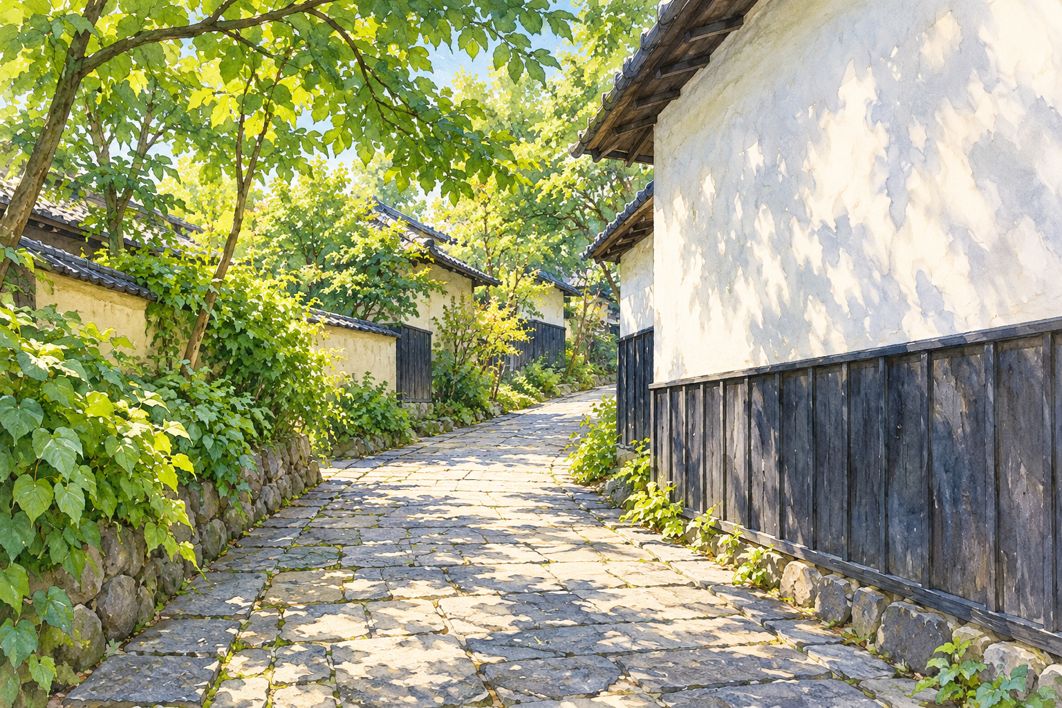 小布施町紹介の栗の小径の写真をモチーフに、緑の木々と白壁・濃色の板壁、斜めに続く敷石を別構図で描いた創作イラスト
