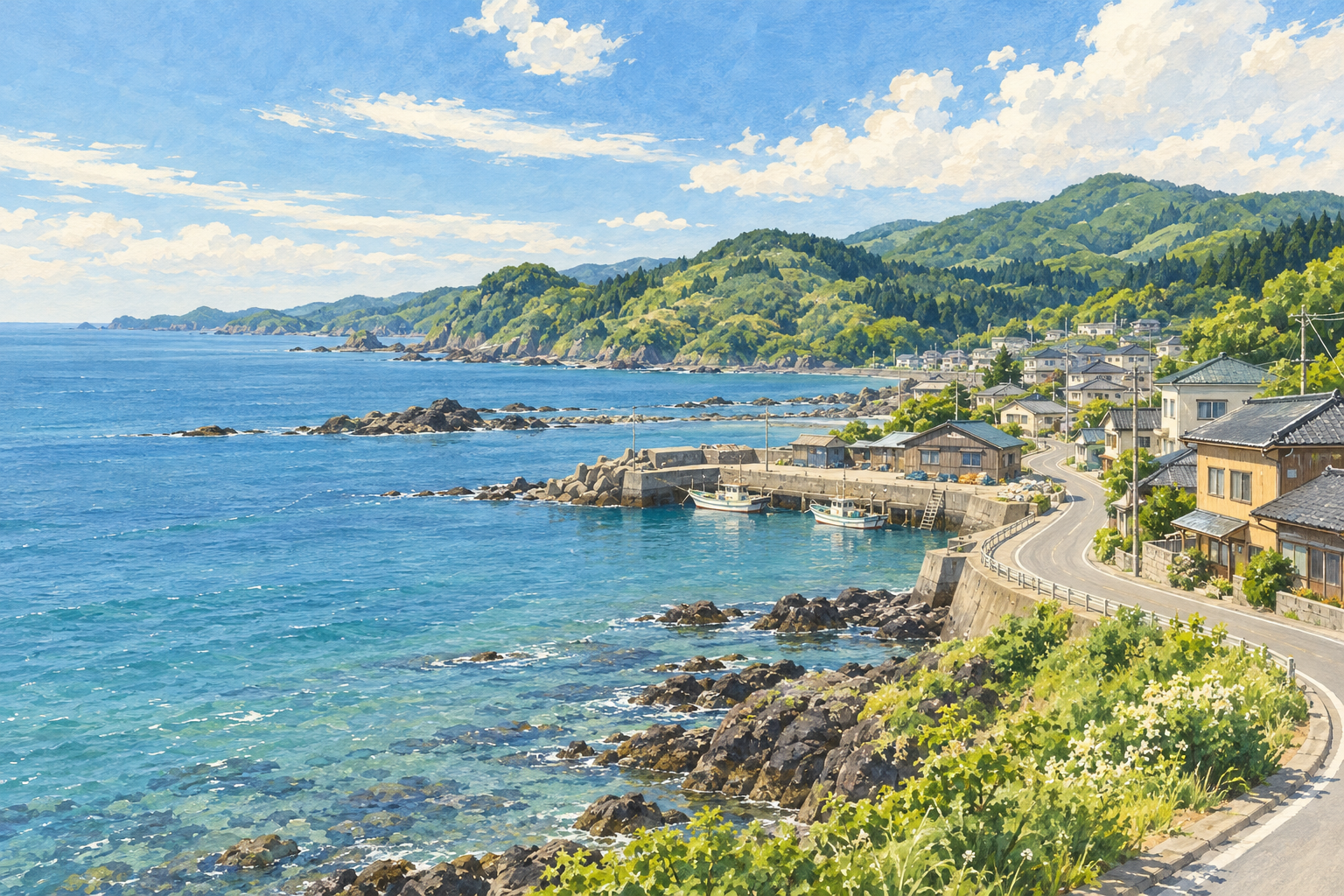 男鹿半島の海岸、緑の丘陵と小さな港町をイメージした創作イラスト。実在の施設やBämの拠点を描いたものではありません。
