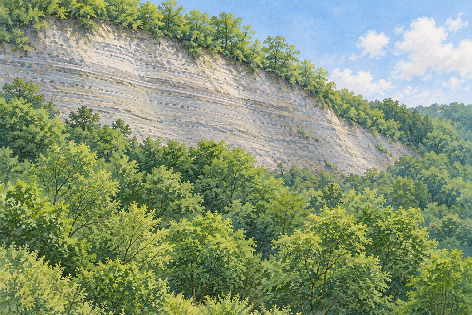 小鹿野町のようばけの景観資料を参考に、淡い灰色の層と樹林を描いた創作イラスト。実景写真や正確な地形・地層、現在の通行や立入りの安全を示すものではありません。