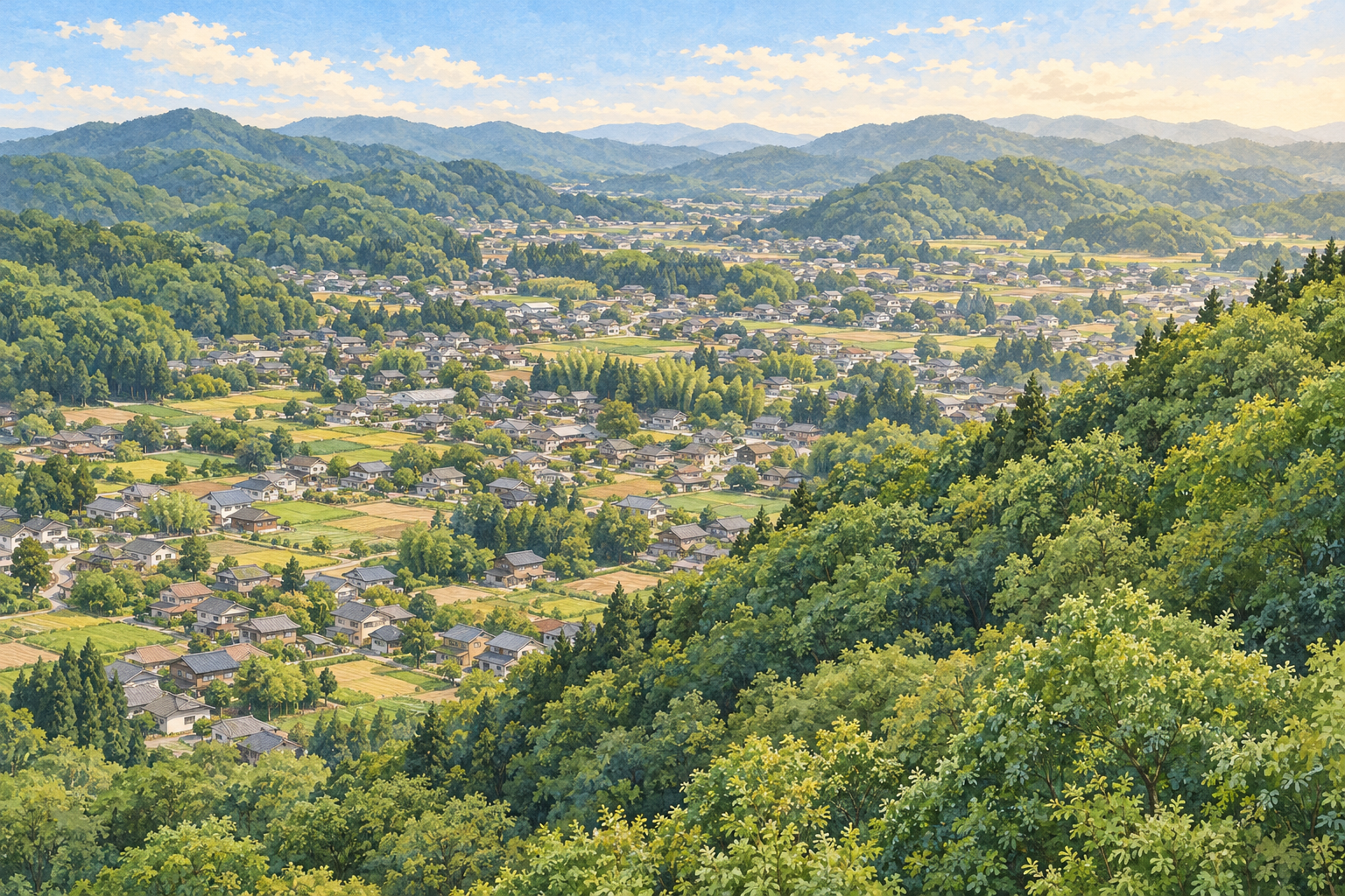 小川町の景観資料を参考に、森の丘と、ふもとの家並みや畑を描いた創作イラスト。実景写真や現在の土地の状況を示すものではありません。