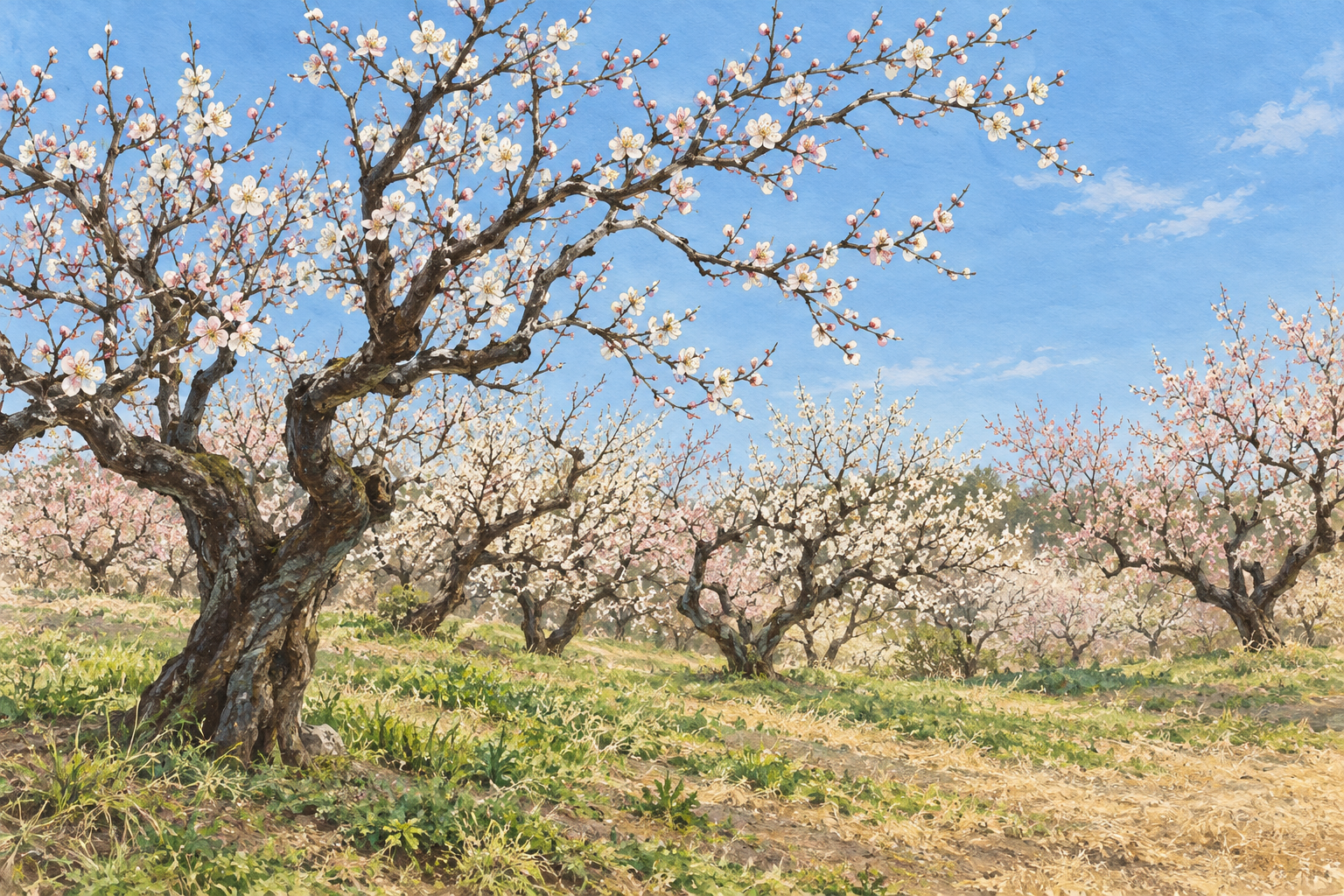 越生町の梅林の景観資料を参考に、白や淡い紅色の花を付けた梅の木々を描いた創作イラスト。実景写真や現在の開花を示すものではありません。