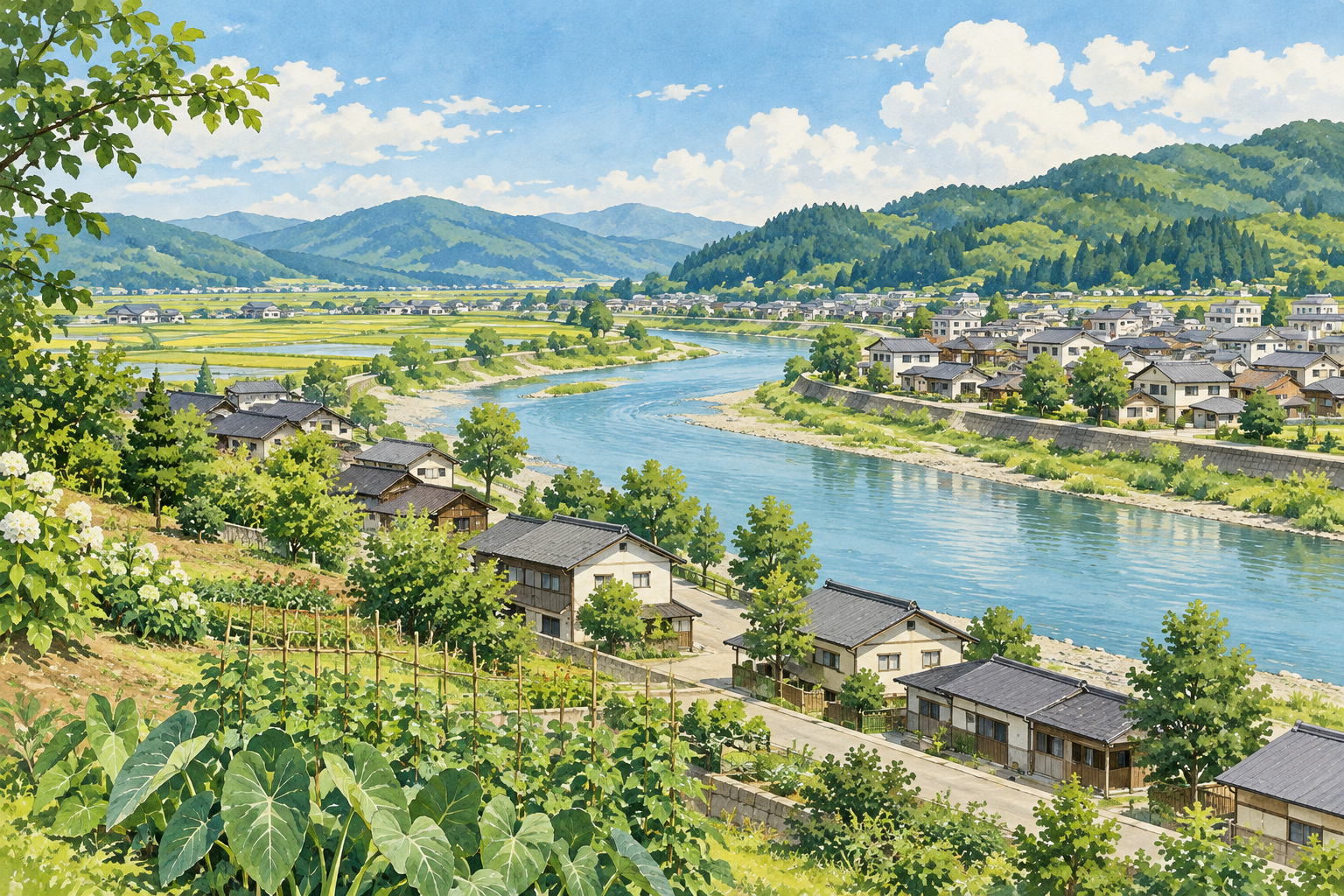 大江町の川沿いの町並み、田畑と緑の山並みをイメージした創作イラスト。特定地点の実景、実在の企業・店舗やBämの拠点を描いたものではありません。