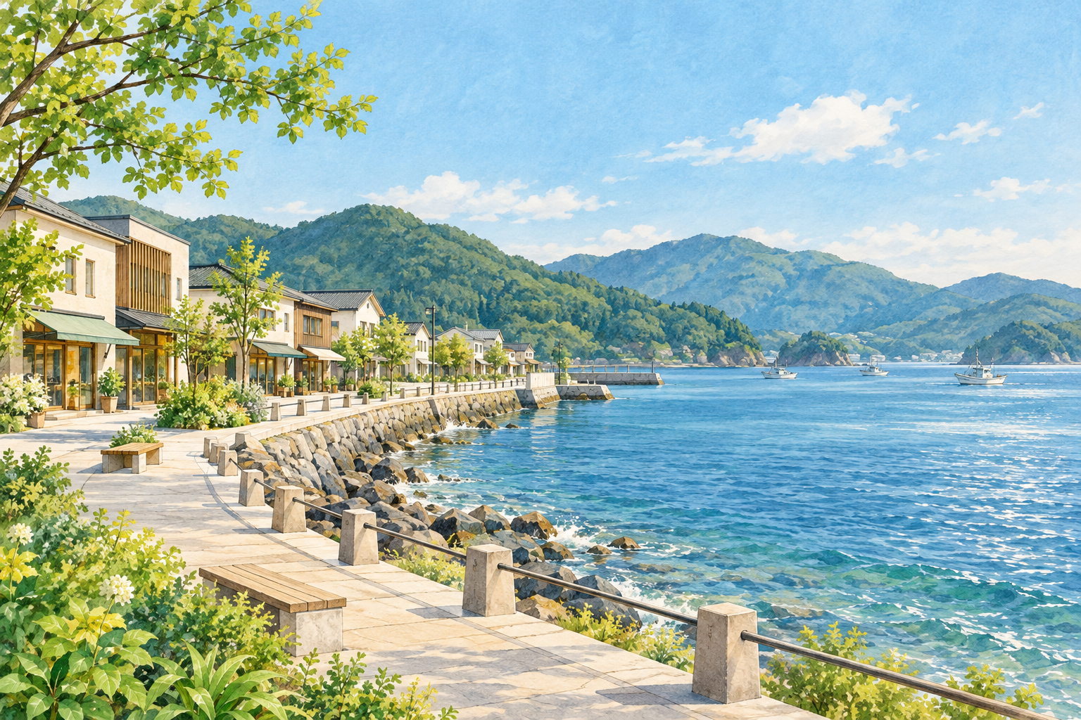 大船渡市の湾と街並みをイメージした、水辺の商店と緑の丘の架空の風景のイラスト