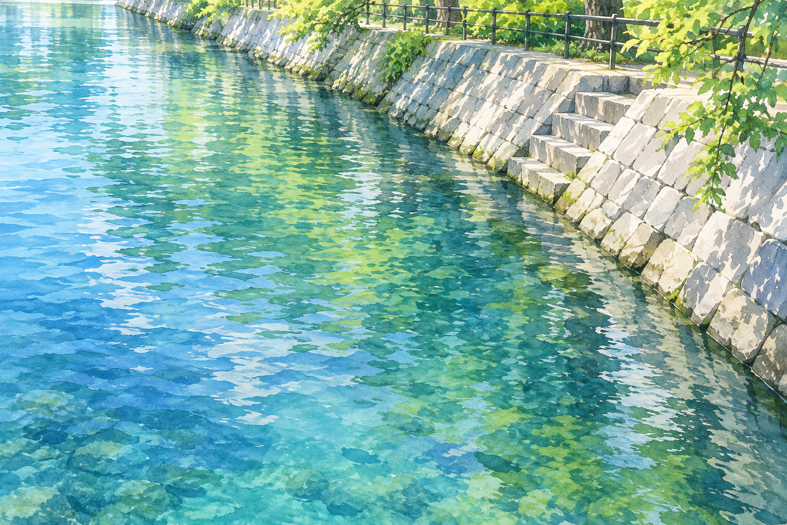 大垣市公式の水門川写真の上段をモチーフに、左の青緑の水面と右から斜めに入る淡い石護岸、上端の緑を別構図で描いた創作イラスト