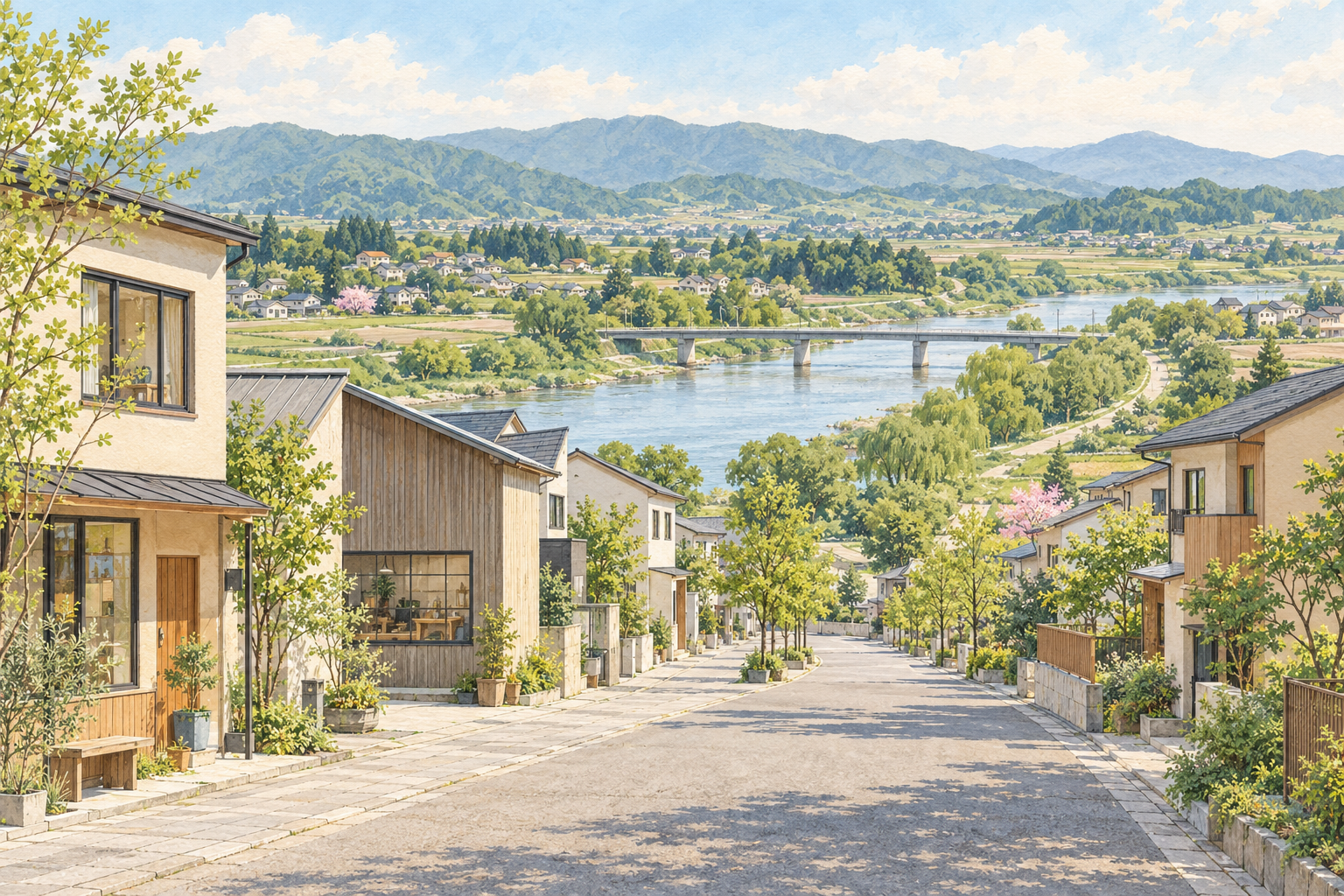 大河原をイメージした、日常のお店と作業場、住宅が並ぶ道、川と低い橋、田畑と丘が広がる架空の風景のイラスト