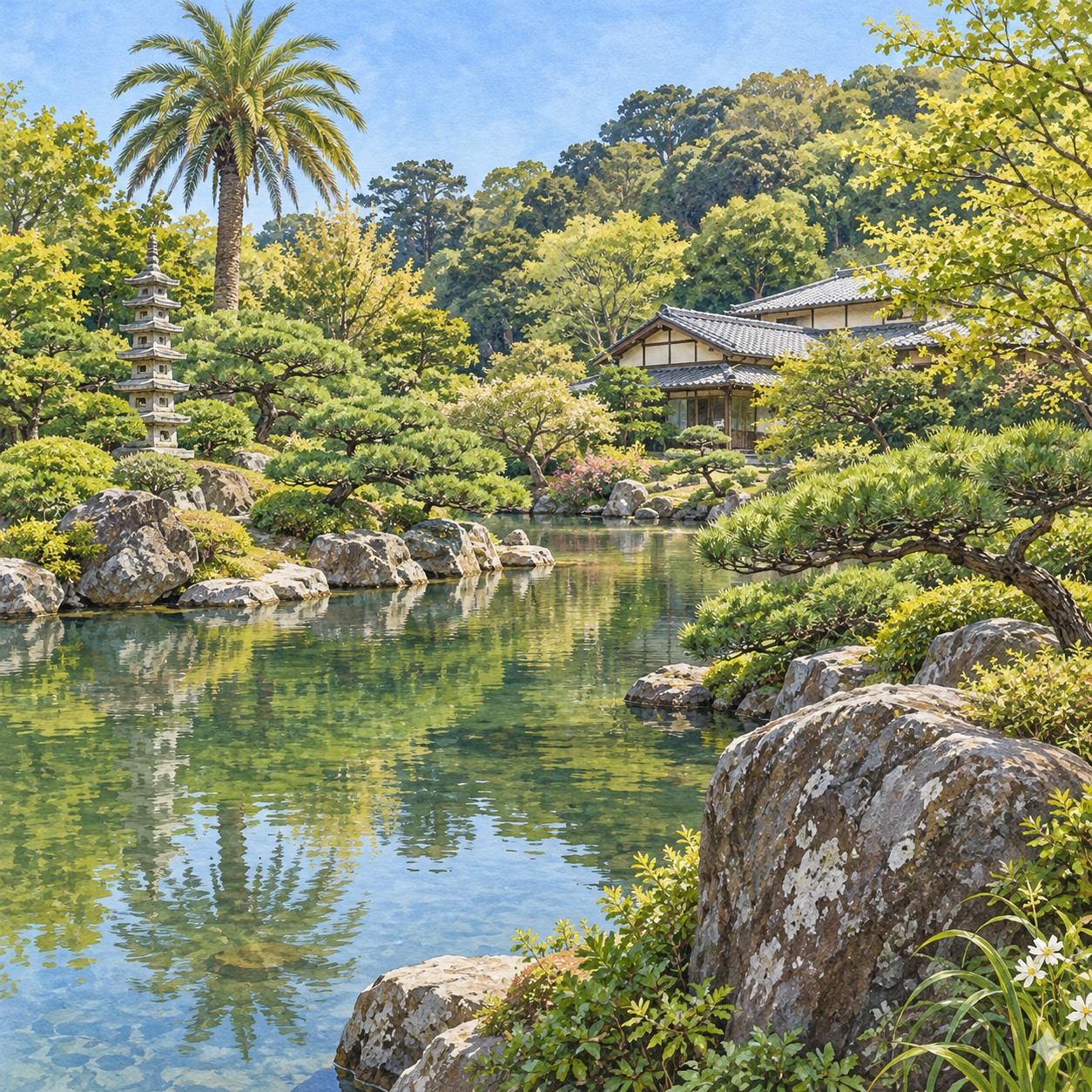 大磯町の旧吉田茂邸地区の日本庭園をモチーフに、池と松、石塔、ヤシ、木々に囲まれた邸宅を描いた創作イラスト。建物や植栽の正確な配置、現在の利用状況を示す写真ではありません