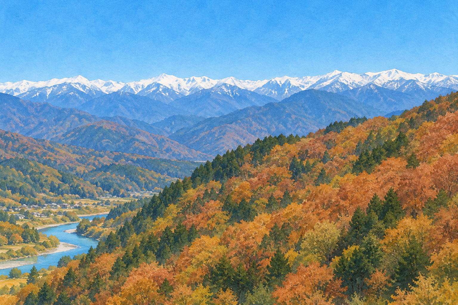 大桑村紹介の俯瞰景観をモチーフに、遠くの白い山並みと秋色の山肌、川と小さくまとめた集落を別構図で描いた創作イラスト。峰や集落の形と配置は創作と簡略化を含み、正確な地形や建物、現在の紅葉・積雪を示す写真ではありません