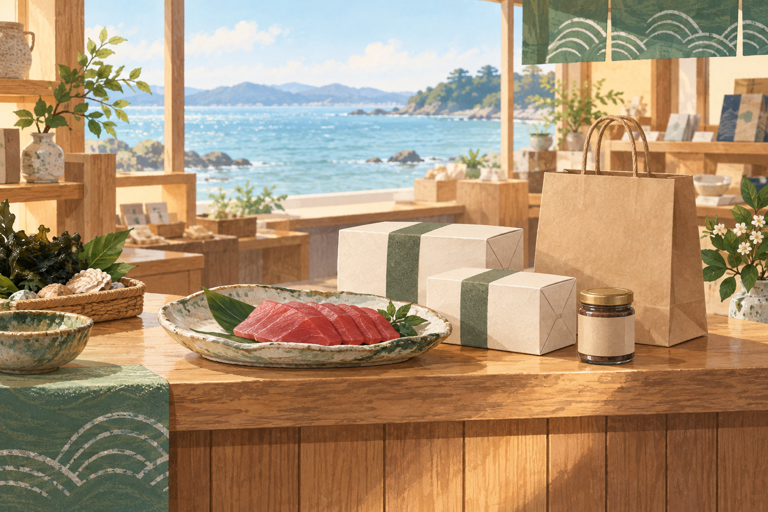 大間町の海産物販売をイメージした、魚介と土産品を並べた売り場のイラスト