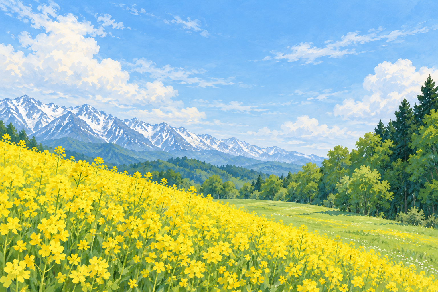 大町市公式の中山高原の写真をモチーフに、菜の花の草地、緑の林と雪の残る遠い山並みを別構図で描く創作イラスト。地形や花の配置は創作と簡略化を含み、実際の撮影地点や現在の開花・積雪・天候、立ち入りや登山の安全を示す写真ではありません