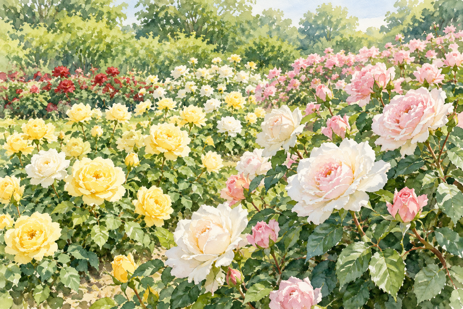 大野町バラ公園をモチーフに、右手前の白や桃色のバラ、斜めに続く淡い黄色の花と緑の葉を描いた創作イラスト