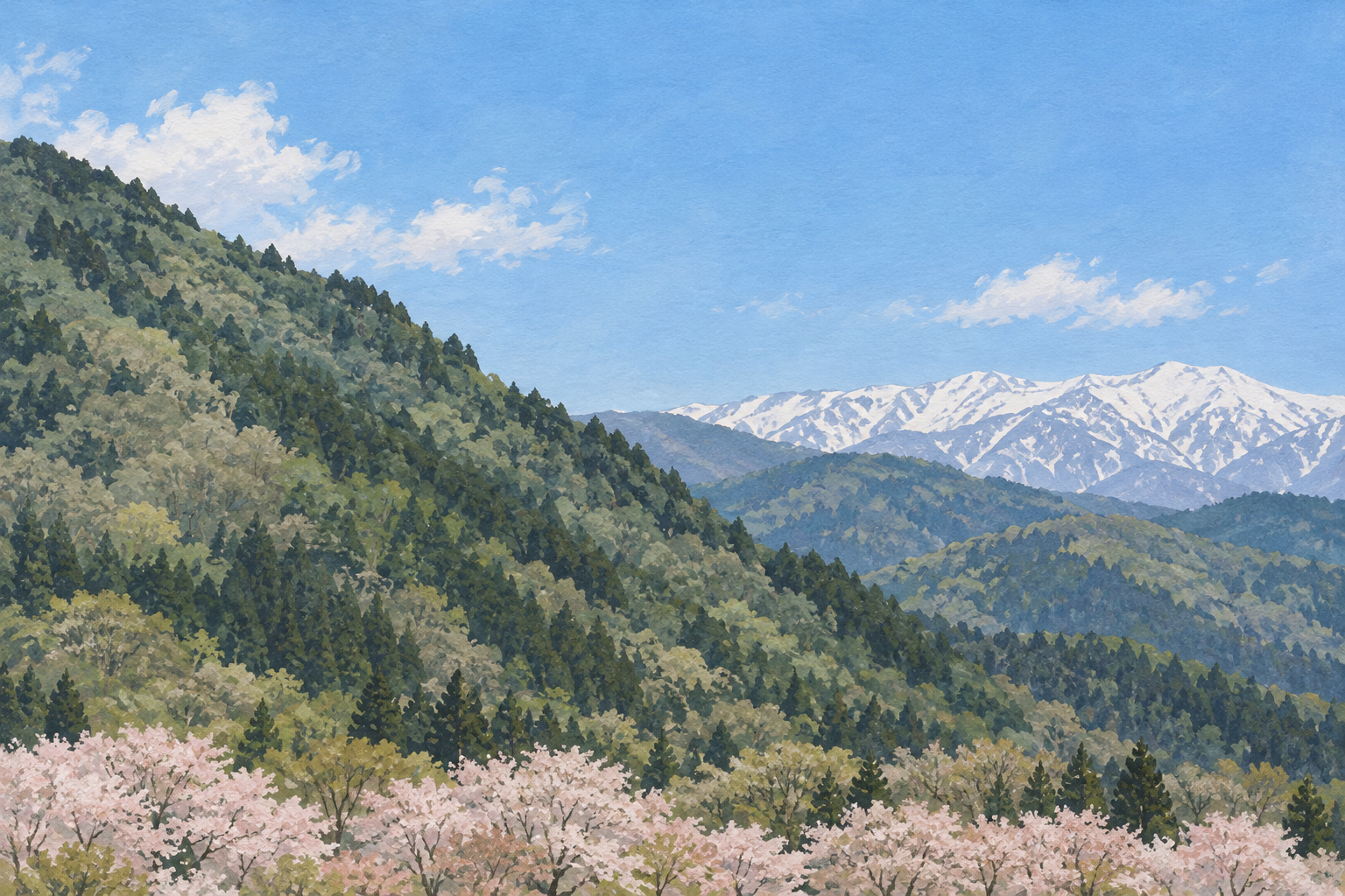 大鹿村の大西公園からの景観をモチーフに、左の近い山肌と下端の淡い桜、右奥の白い山並みを別構図で描いた創作イラスト。山や木の形と配置は創作と簡略化を含み、正確な峰の形や現在の開花・積雪、立入条件を示す写真ではありません