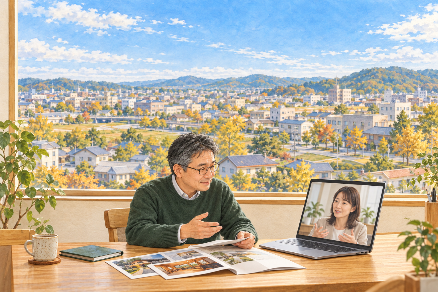 太田らしい平野の市街地と遠くの低い丘を背景に、男性の事業者が写真や資料を手にWeb相談する創作イラスト。実在の人物・会社・店舗や特定の場所の実景、Bämの拠点ではありません。