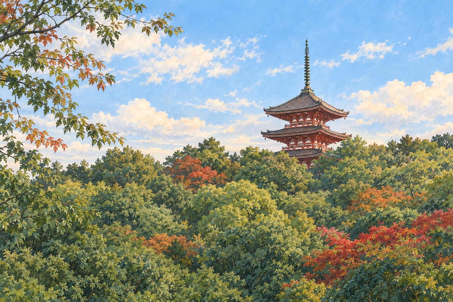 東京都大田区の池上本門寺をモチーフに、木々からのぞく五重塔の屋根と相輪、緑や少し色づいた葉、秋の空を描いた創作イラスト