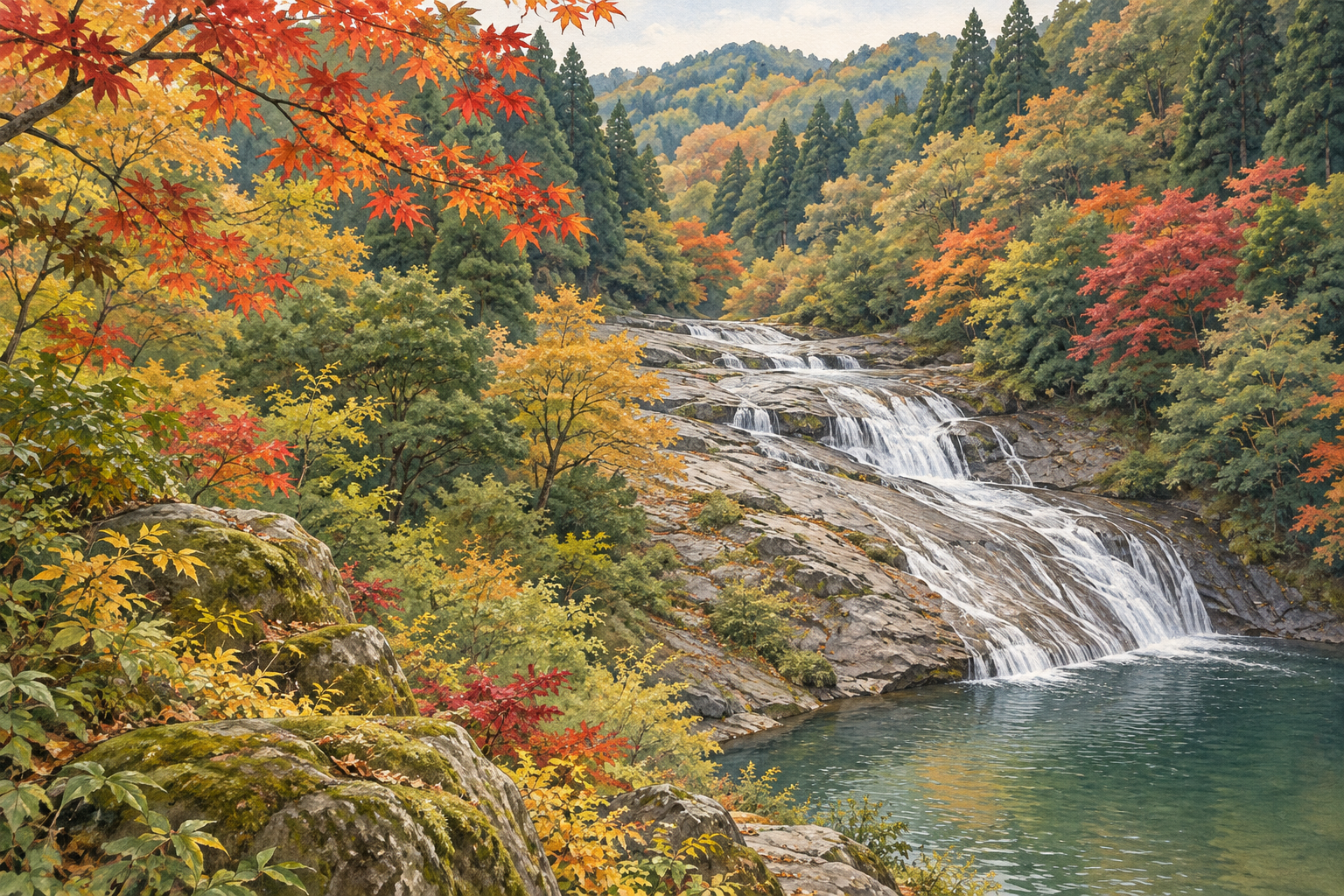 粟又の滝のゆるやかな岩肌の流れと谷の木立をモチーフに、紅葉と白い水を描いた秋の創作イラスト