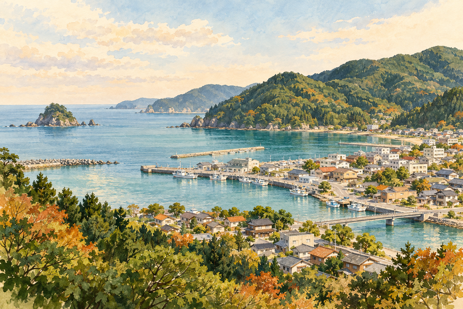 大槌町の海と暮らしをイメージした、湾・漁港・河口・家々・森の丘がある架空の風景のイラスト