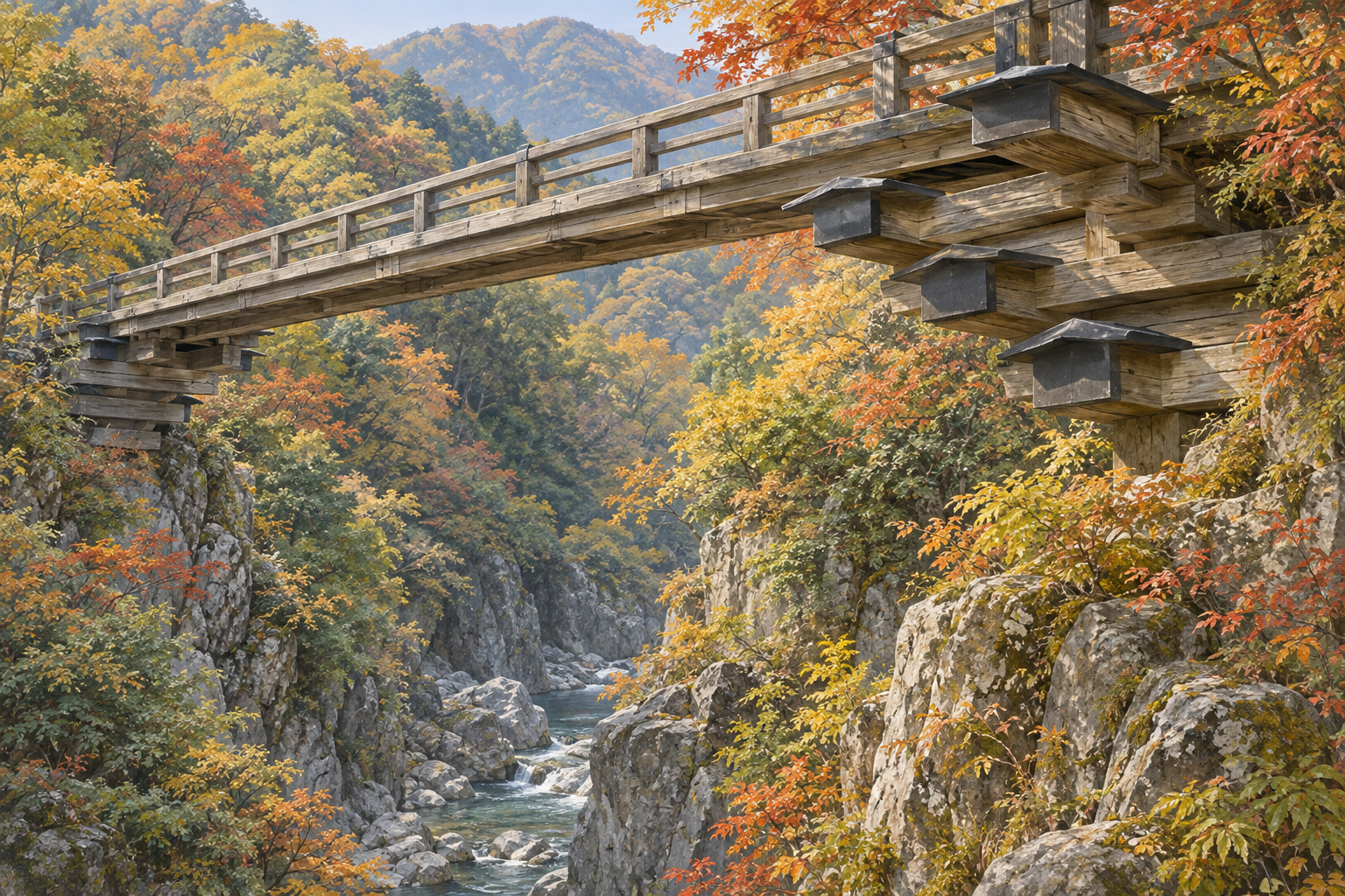 山梨県公式観光情報の猿橋の写真をモチーフに、重ねた木の支えと木の橋、岩や木々のある渓谷を描く創作イラスト。構造や配置は創作と簡略化を含み、正確な建築・地形や現在の紅葉・通行状況を示す写真ではありません