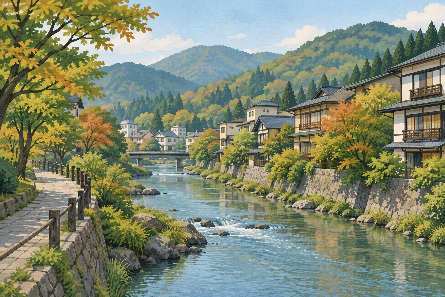 大鰐の温泉街をイメージした、川沿いの家並みと緑の山を描いたイラスト