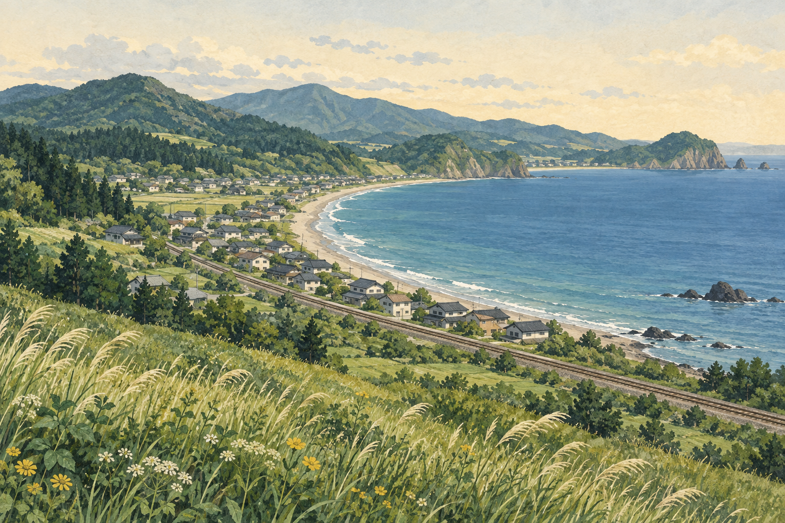 長万部町をイメージした、海岸線と線路、山並みのイラスト