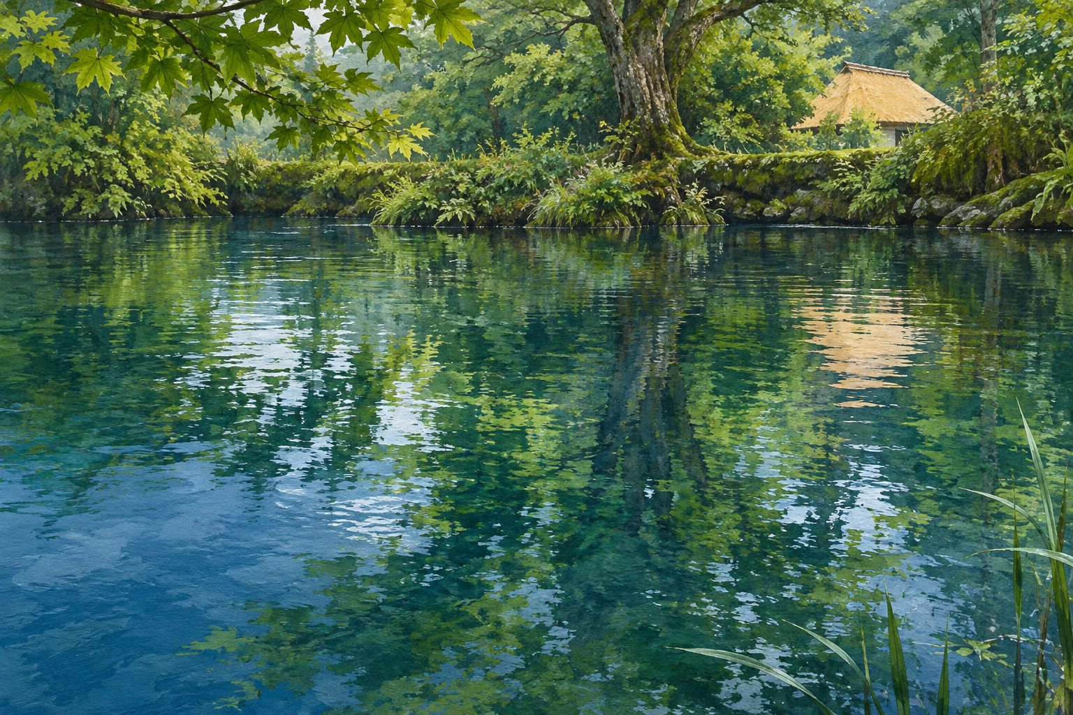 忍野村の公式ページの湧池の写真をモチーフに、水面に映る木々と小さな茅葺き屋根、池の縁を別の構図で描く創作イラスト。建物や池の配置は創作と簡略化を含み、水質・飲用の可否・現在の営業や立入状況を示す写真ではありません