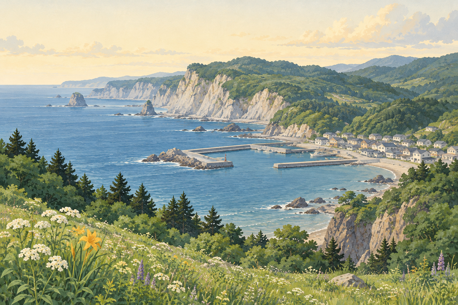 乙部町の海辺をイメージした、白い崖と小さな港、緑の丘のイラスト