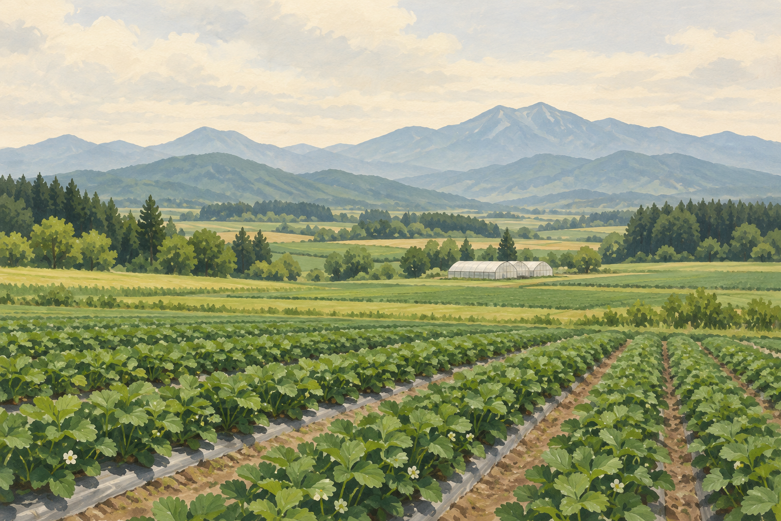畑と小さなハウス、遠くの山並みを描いた比布町をイメージするイラスト