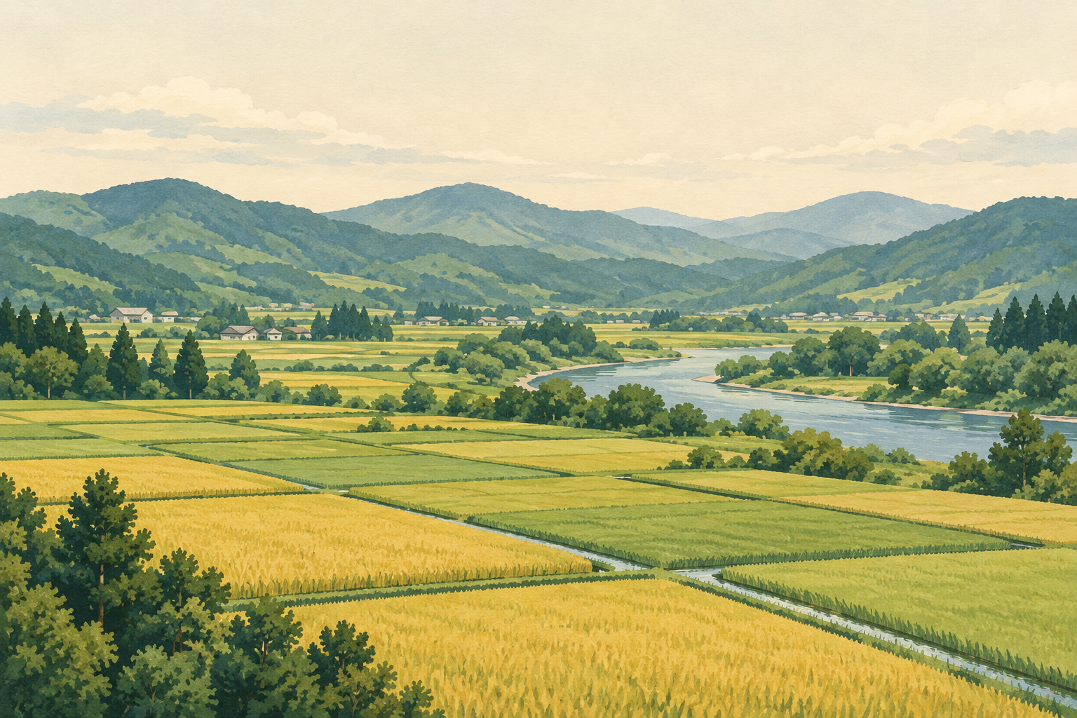 蘭越町の雰囲気をイメージした、田んぼと川、緑の山々のイラスト