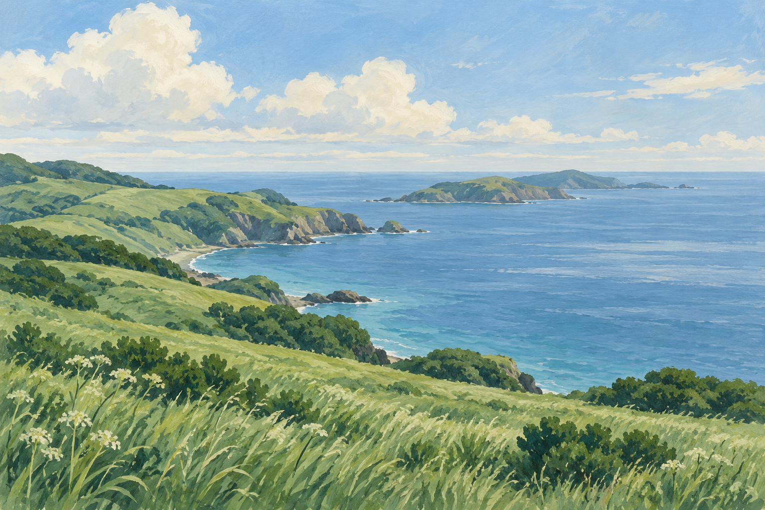 礼文町をイメージして描いた、緑の海岸の丘と海のイラスト