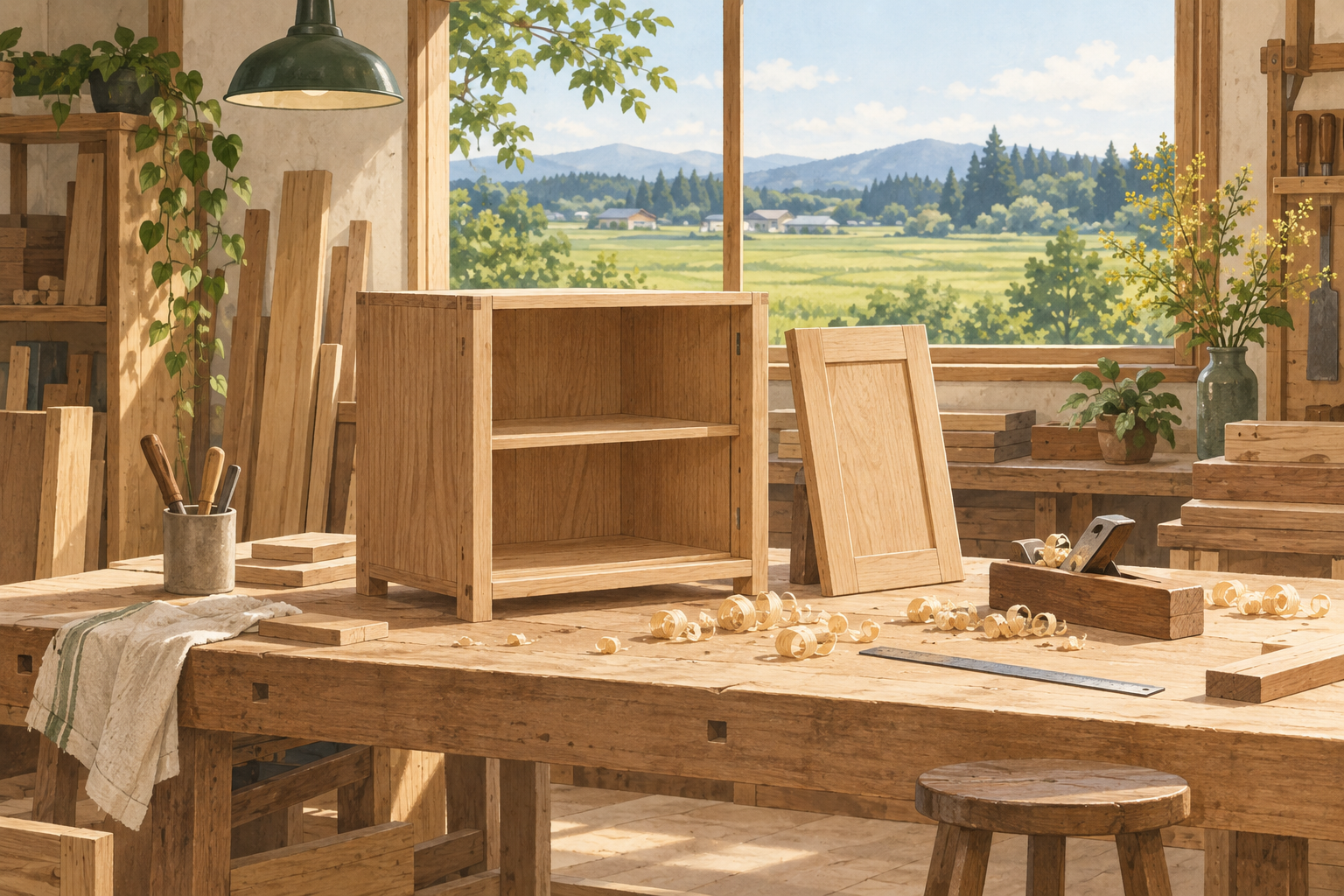 六戸町をイメージした、木の家具と道具が並ぶ工房のイラスト
