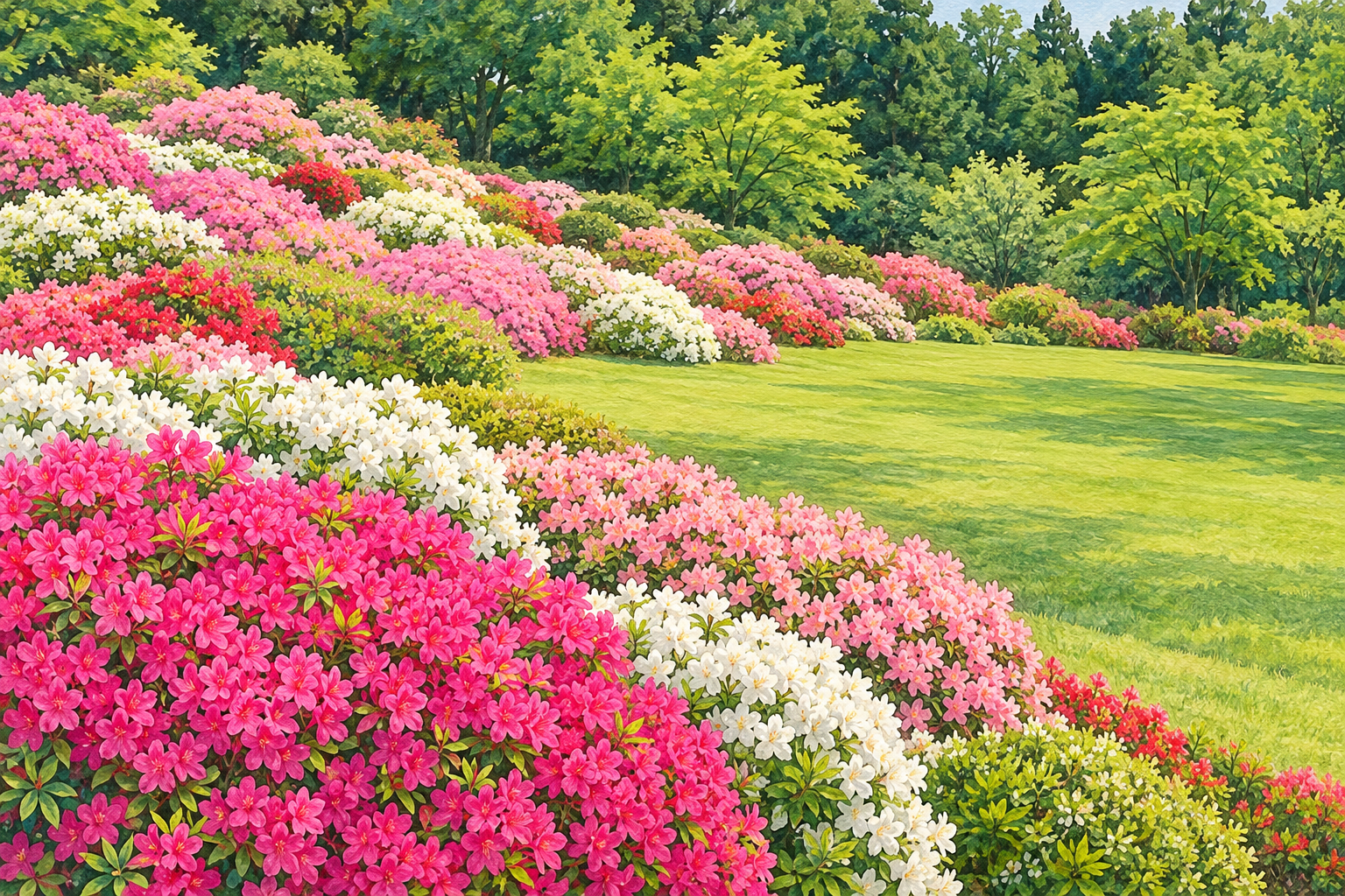 鯖江市公式の西山公園写真をモチーフに、桃色や白のつつじの植え込みと、緑の芝生広場を描く創作イラスト。花や植栽・広場の形と配置は創作と簡略化を含み、現在の開花や施設・利用状況を示す写真ではありません