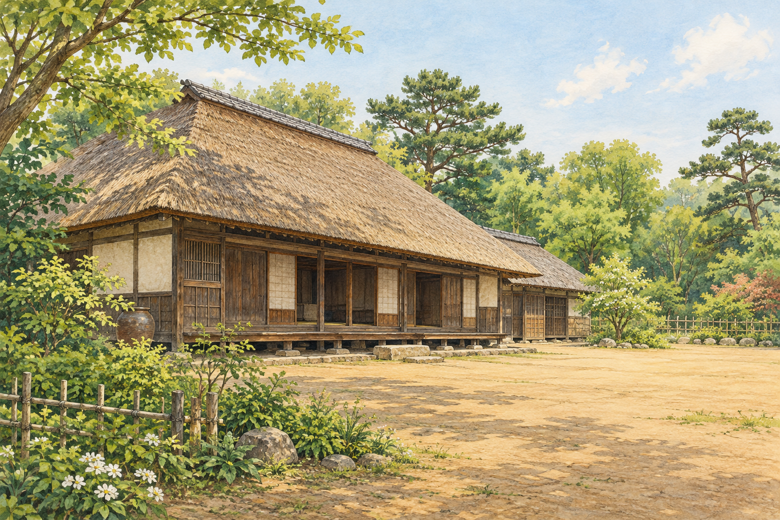 栄町の房総のむらで再現された農家の景観をモチーフに、茅葺き屋根の家と土の庭、木々を描いた創作イラスト