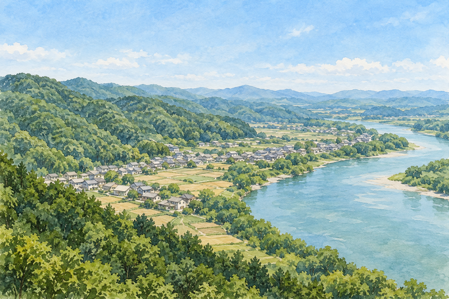 坂祝町の猿啄城展望台からの眺望をモチーフに、左の緑の山並み、家や畑の広がり、右を曲がる木曽川を描いた創作イラスト