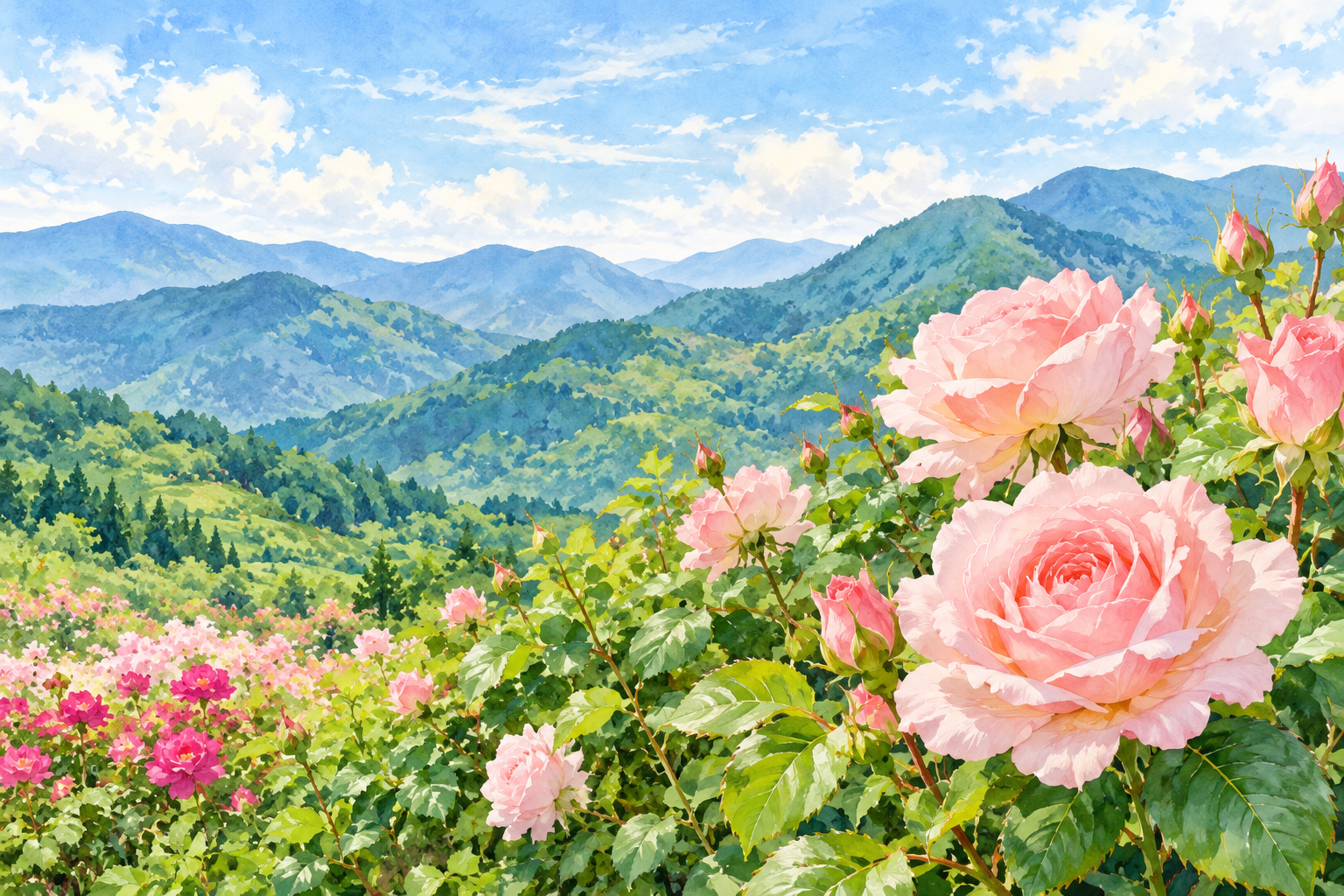 坂城町紹介の風景写真をモチーフに、近くに咲く淡いピンクのバラと緑の葉、奥の青緑の山並みを別構図で描いた創作イラスト