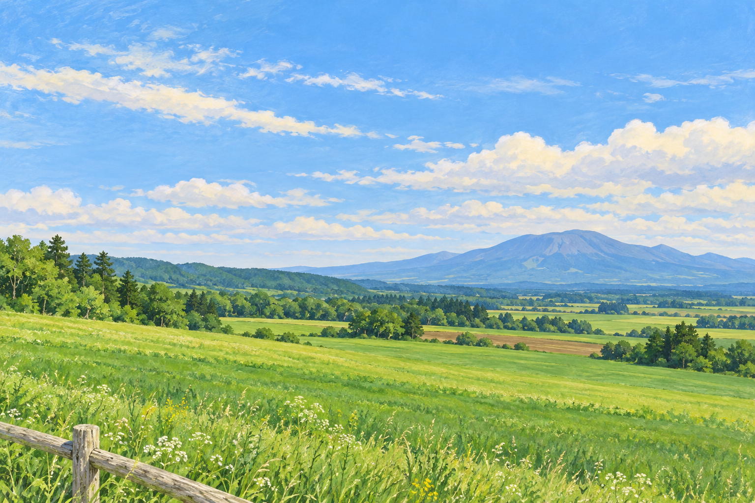 佐久市公式のほっとぱーく・浅科からの風景写真をモチーフに、田園の向こうの浅間山と広い空を別構図で描く創作イラスト。田畑や山の形と配置は創作と簡略化を含み、実際の撮影地点や現在の作物・天候、通行や登山の安全を示す写真ではありません