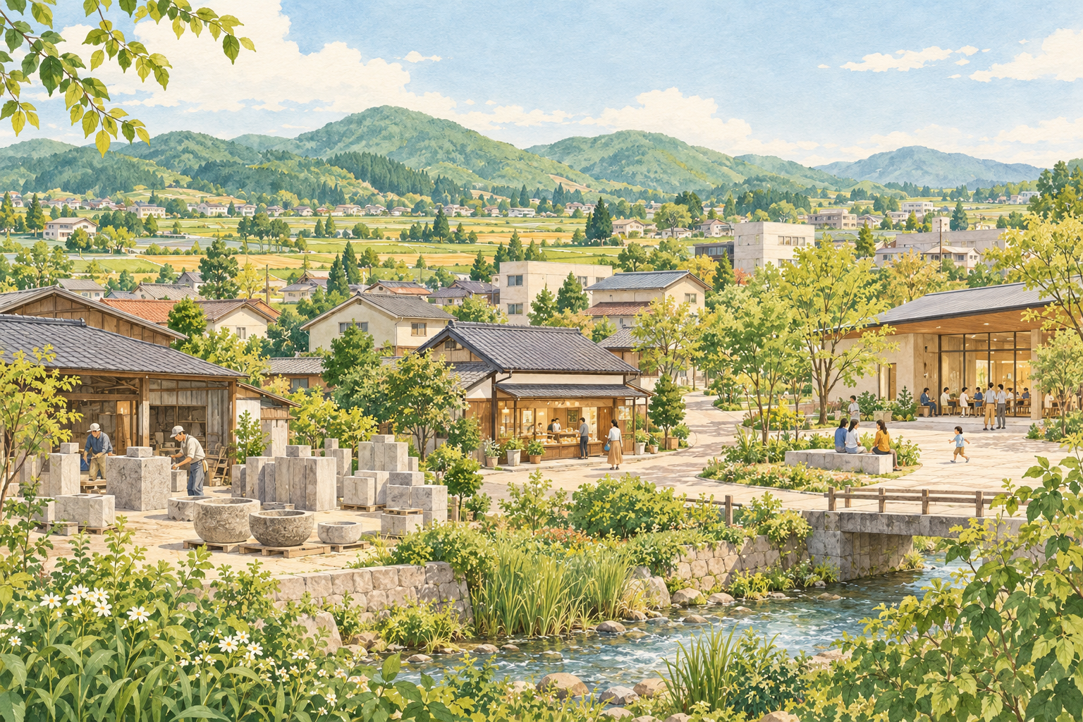 桜川市の山並みと田畑、石を扱う工房、町のお菓子店や集会の場をイメージした創作イラスト。実在の石材店・菓子店・公共施設の実景や、Bämの拠点ではありません。