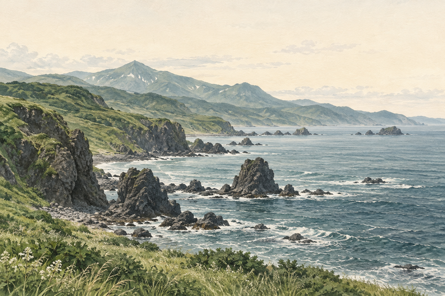 北海道様似町をイメージした海岸の岩と緑の丘のイラスト