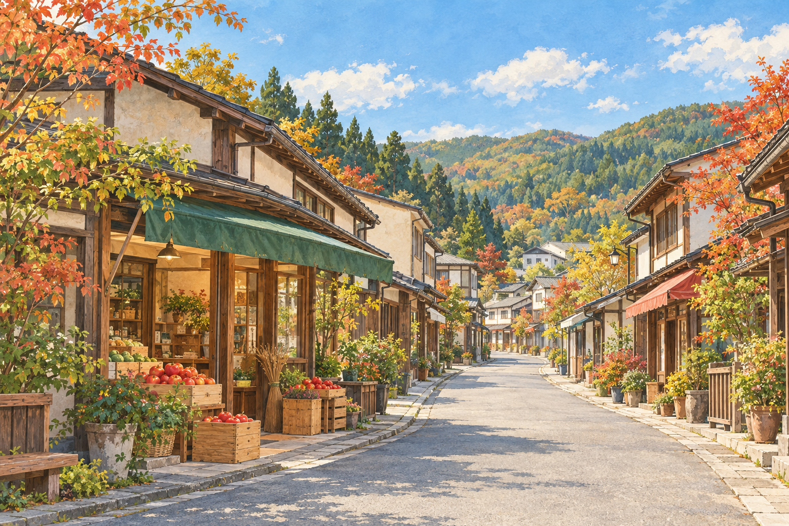 三戸町の町歩きと地域産品をイメージした、りんごの並ぶ架空の商店街のイラスト