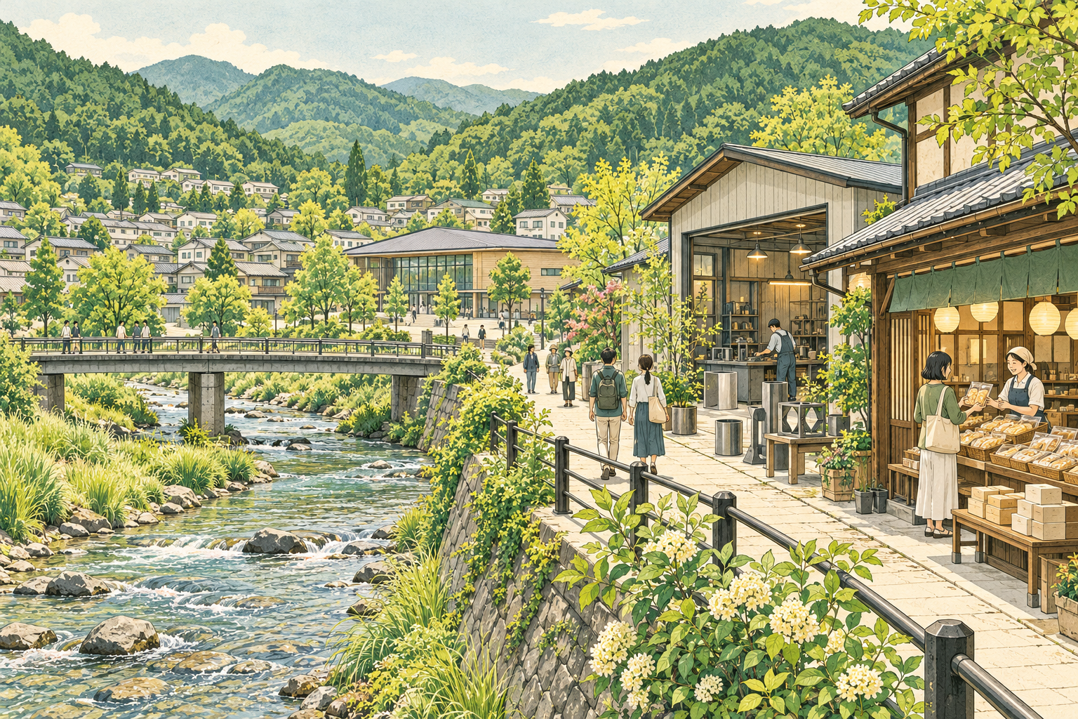 佐野市の緑の山並みと、ものづくりの工房やせんべい店、人々が訪れる町並みをイメージした創作イラスト。実在の協進工業、加藤米菓、吉澤記念美術館の実景や、Bämの拠点ではありません。