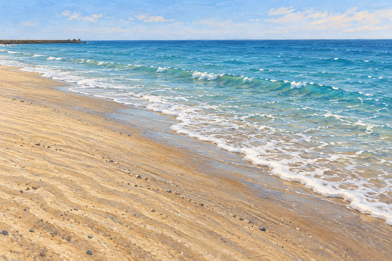 聖籠町の網代浜をモチーフに、広い砂浜と青い海、遠くの低い防波堤を描いた創作イラスト。砂浜や波・構造物・色と配置は創作と簡略化を含み、現在の海況・開設・遊泳の可否や安全を示す写真ではありません