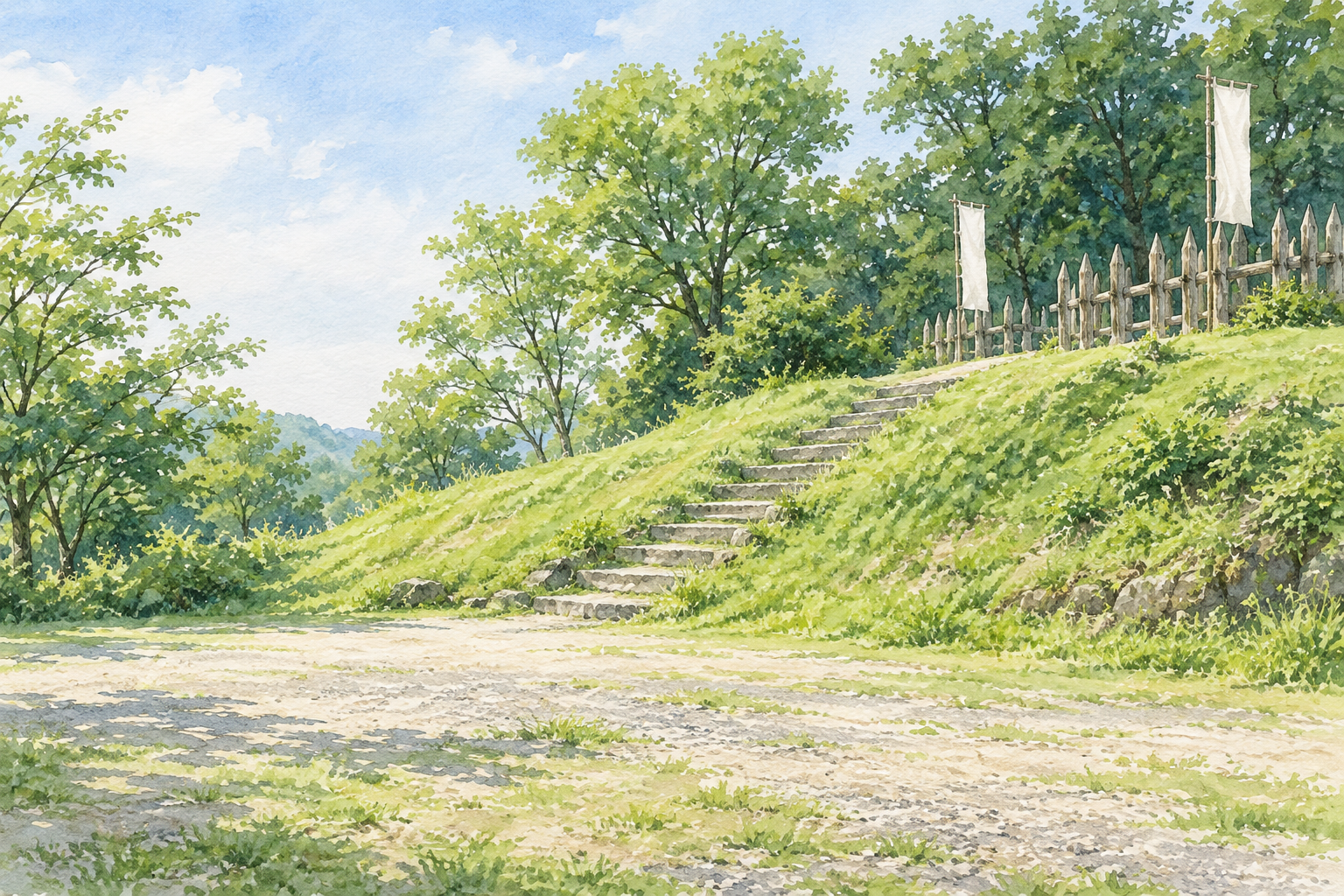 関ケ原町の笹尾山にある石田三成陣跡をモチーフに、草の斜面を上る石段、木の柵と白い旗、緑の木々を描いた創作イラスト